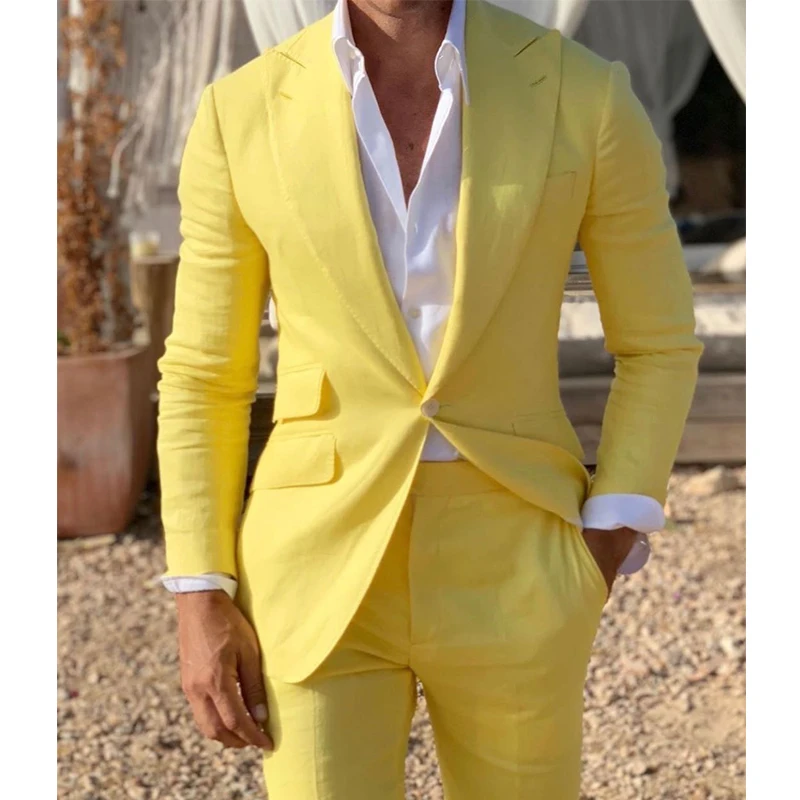 Dzeltena Veļa Beach Vīriešu Uzvalki, Slim Fit 2 Gabals Kāzu Līgavainis Uzvalku ar savu maksimumu Sasniedza Atloks Vīriešu Modes Kostīms, Žakete ar Biksēm