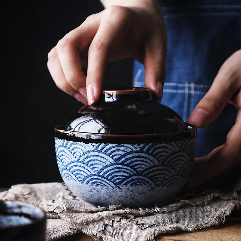Japāņu stila Keramikas Vāciņu Trauks Ar Stiklotu Krāsu Zupu Bļodā Japāņu Stila Keramikas Rīsu Bļoda, Sautētiem Miso Zupa Tureen