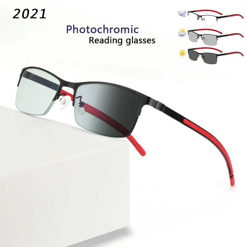 KJDCHD Titāna sakausējuma Photochromic Vīriešiem Lasīšanas Brilles Hameleons CR-39 Sveķu Asfēriskie Brilles, Lēcas +1.00 +1.50 +2.00 +2.50